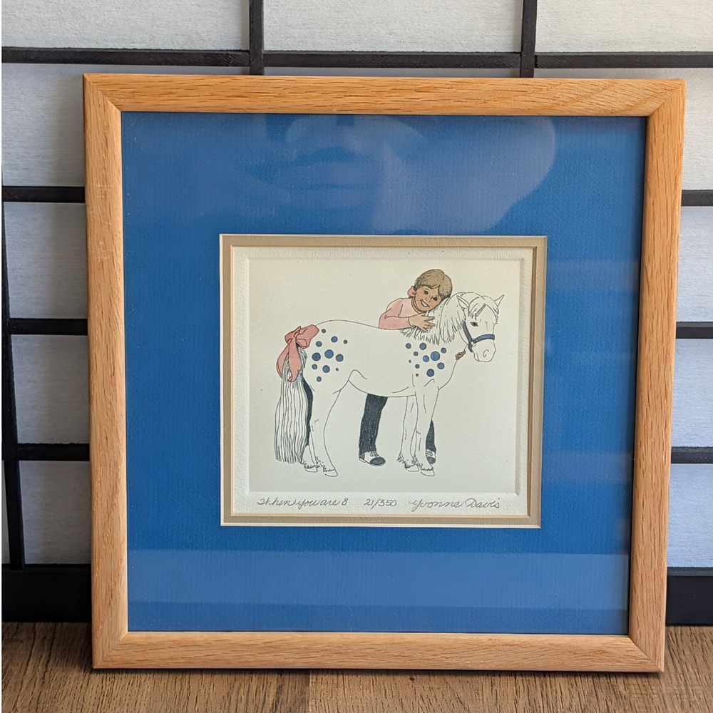 Yvonne Davis Signed Numbered Etching When You Are 8 Pony Child Oak Frame 21/350